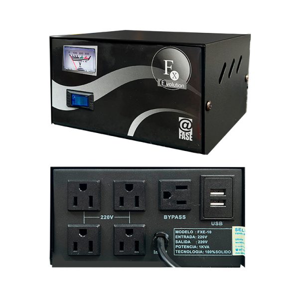 Estabilizador Elise - Fase FXE-10, Sólido, 1.0kVA, 4 tomas a 220VAC, 1 toma By-pass.